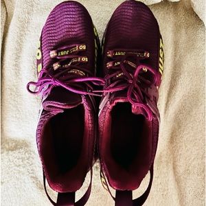 Burgundy and Yellow Just SOSO tennis shoes, size 39, or 8.5 US- great shape!